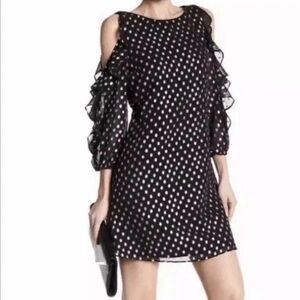 Eliza J Black Gold Polka Dot Sheath Dress with Ruffled Cold Shoulder Size 6